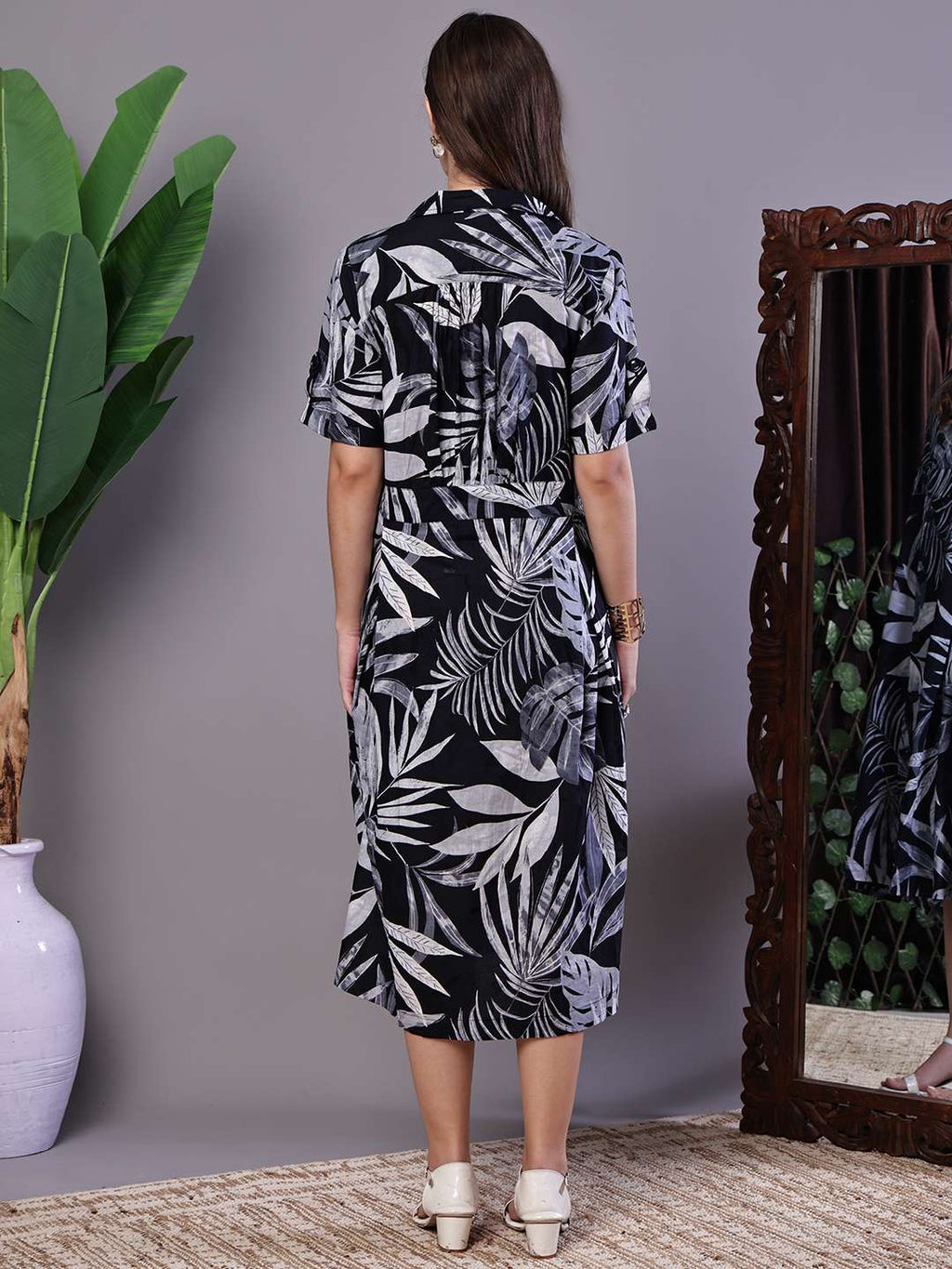 Women's Tropical Palm Print Black & White Cotton Shirt Dress