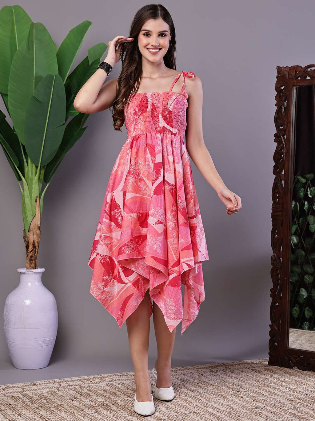 Women's Pink Printed Cotton Handkerchief Hem Midi Dress Midi Dresses