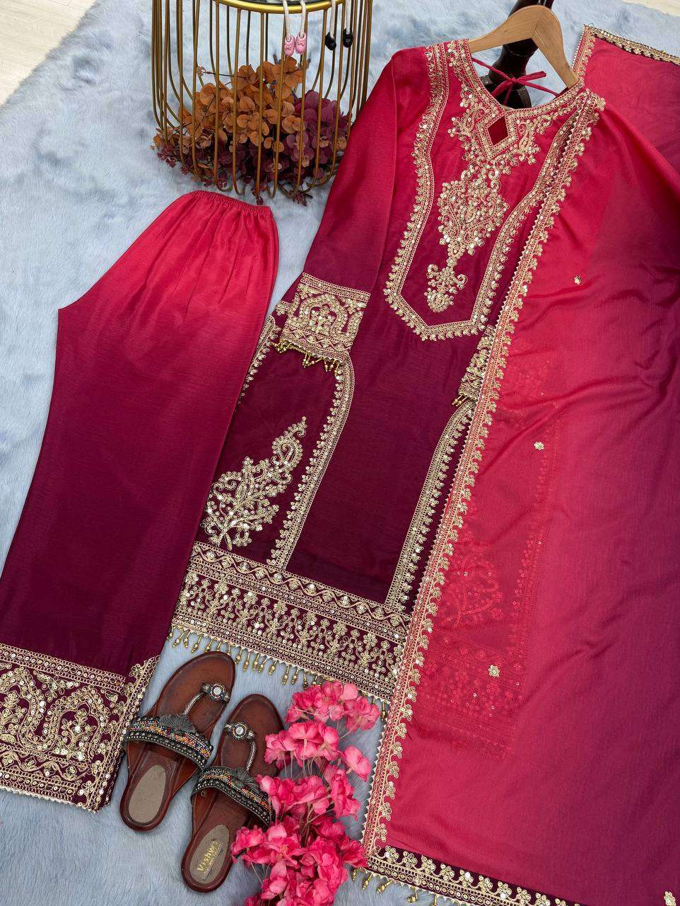 Women's Chinon Silk Embroidery Straight Pakistani Salwar Suit and Dupatta