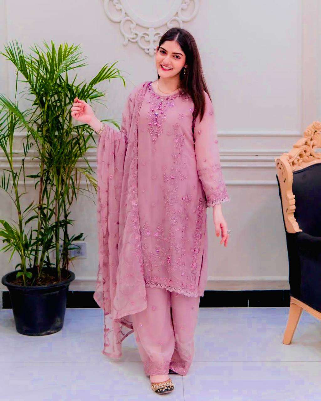 Women's Faux Georgette Embroidery work Straight Kurti With Pant and Dupatta Set