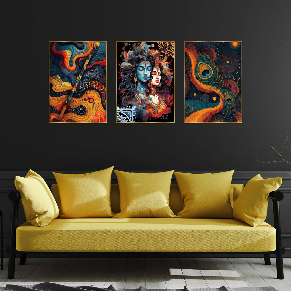 Set of Three Wall Paintings for Wall Dacoration Golden Framed Wall Paintings for Living Room & Bedroom Wall Art for Home Decoration & Office Wall Décor (24x18 inch CH-GD3-5)