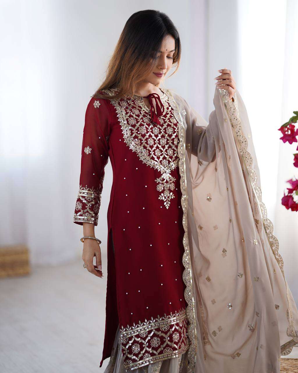 Women's Faux Georgette Sequins Embroidered Straight Kurta With Sharara Suit and Dupatta Set
