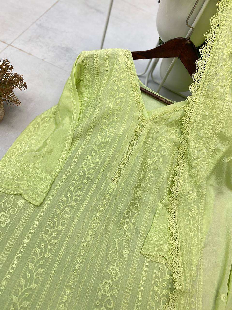 Women's Chinon Silk with Cotton Thread Embroidery Straight Kurti With Pant and Dupatta set