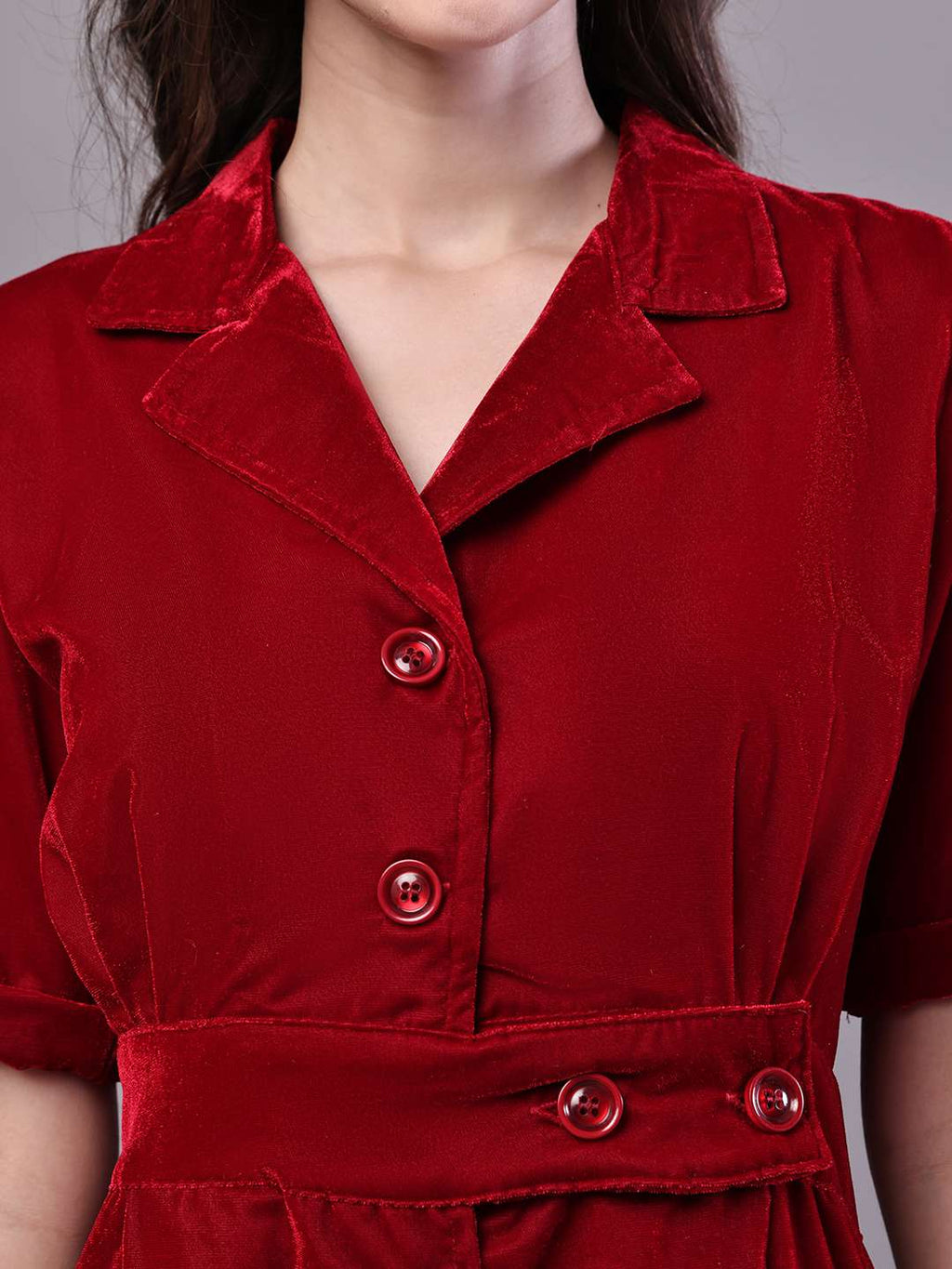 Women's Maroon Velvet Solid Printed Shirt Midi Dress with Belt