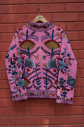 Womens Pink Velvet Embroidered Jacket with Floral Design