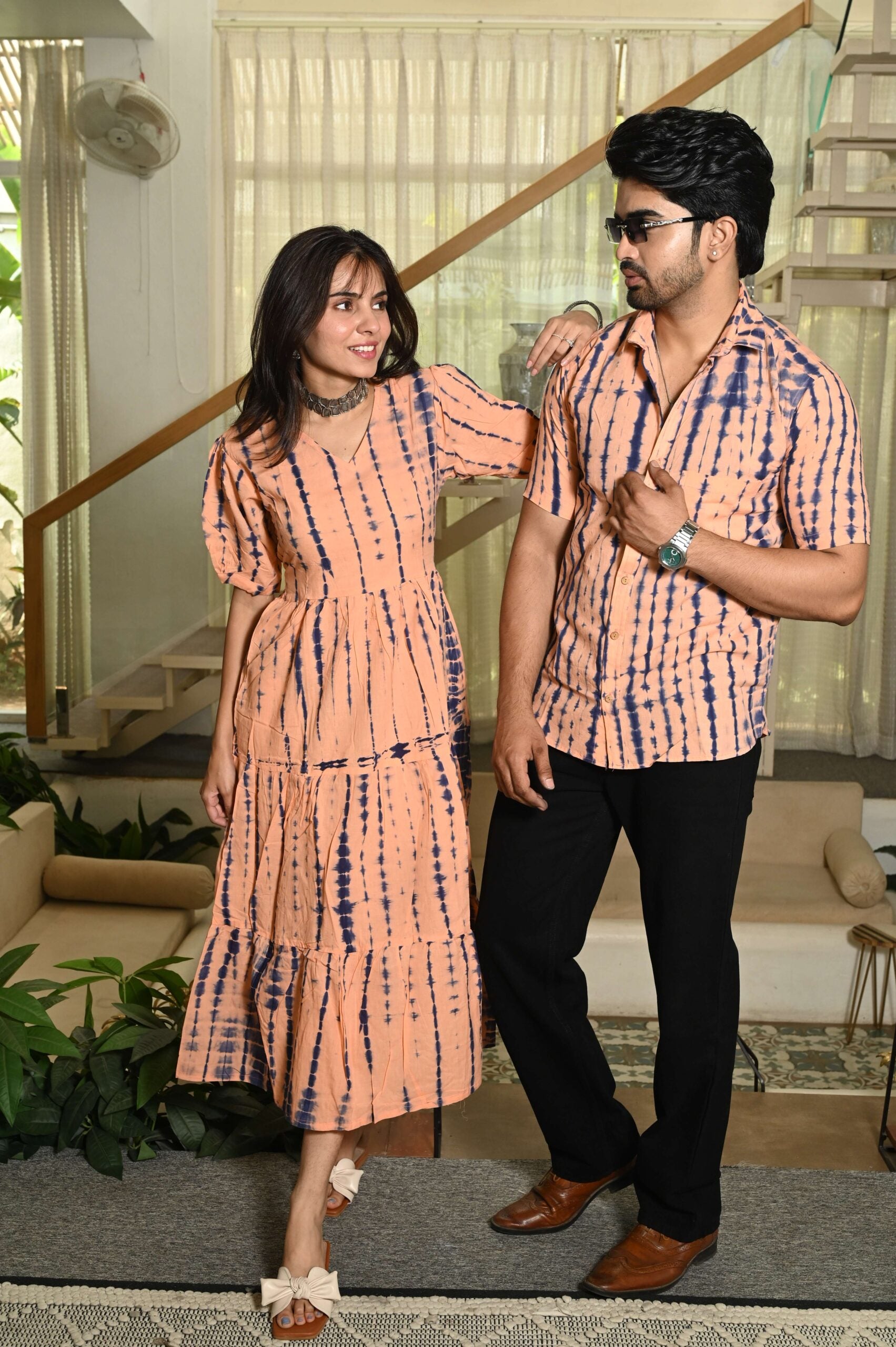 Couple Matching Peach Printed Cotton Anarkali Midi Dress & Shirt Set ? Summer Casual Wear