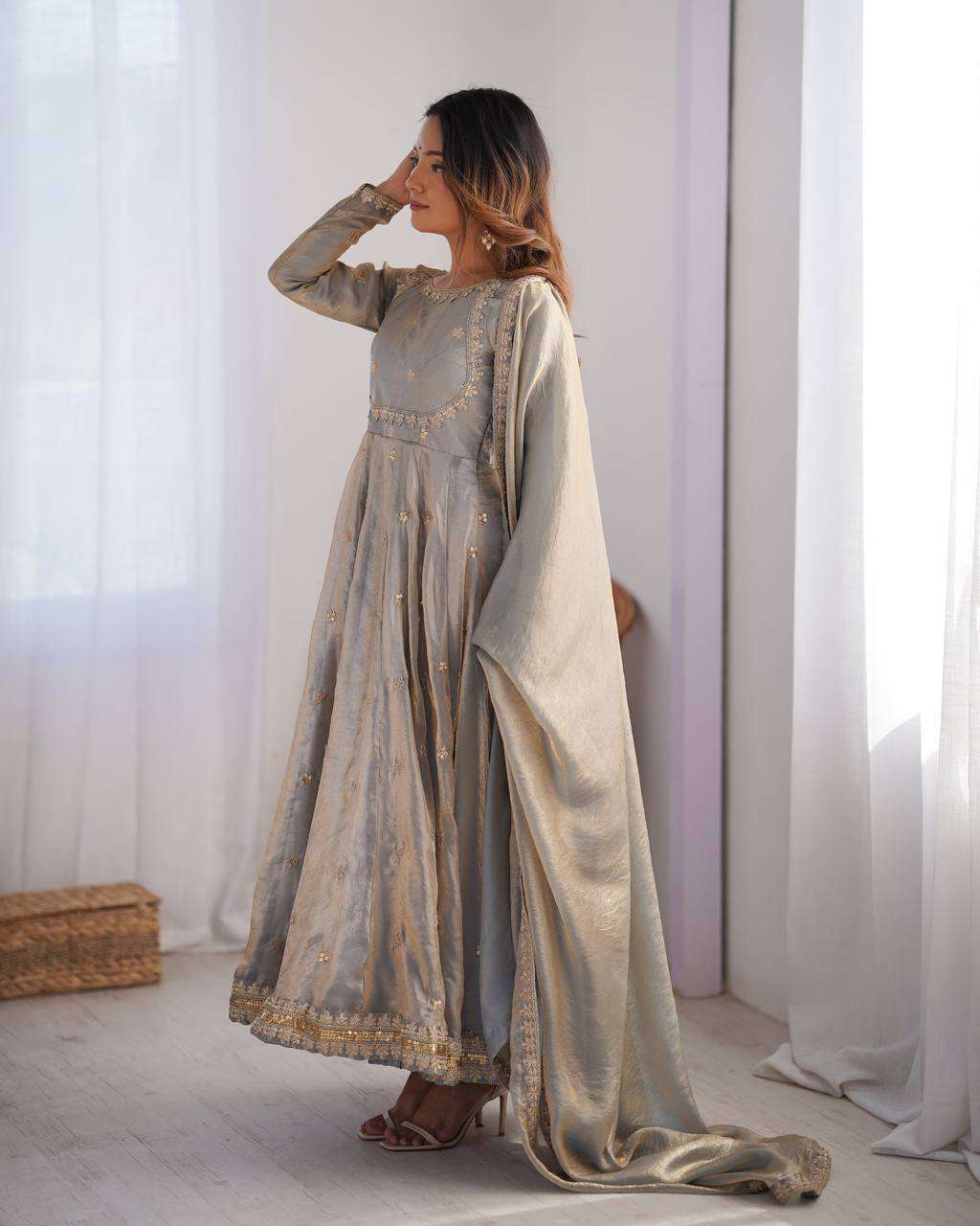 Women's Fandy Silk Coding with Sequnce work Long Anarkali Kurti Gown With Dupatta