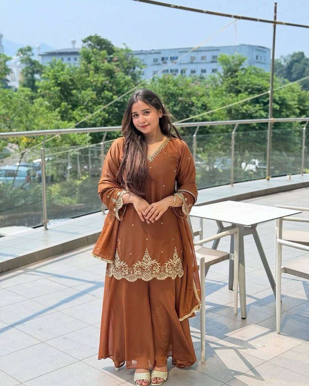 Women's Georgette Sequence Moti Work Straight Kurti With Salwar and Dupatta Set