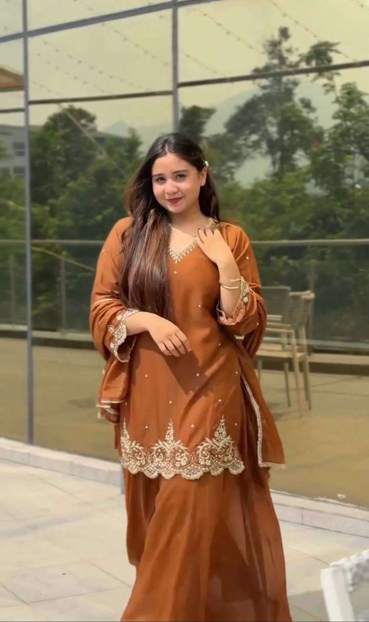 Women's Georgette Sequence Moti Work Straight Kurti With Salwar and Dupatta Set