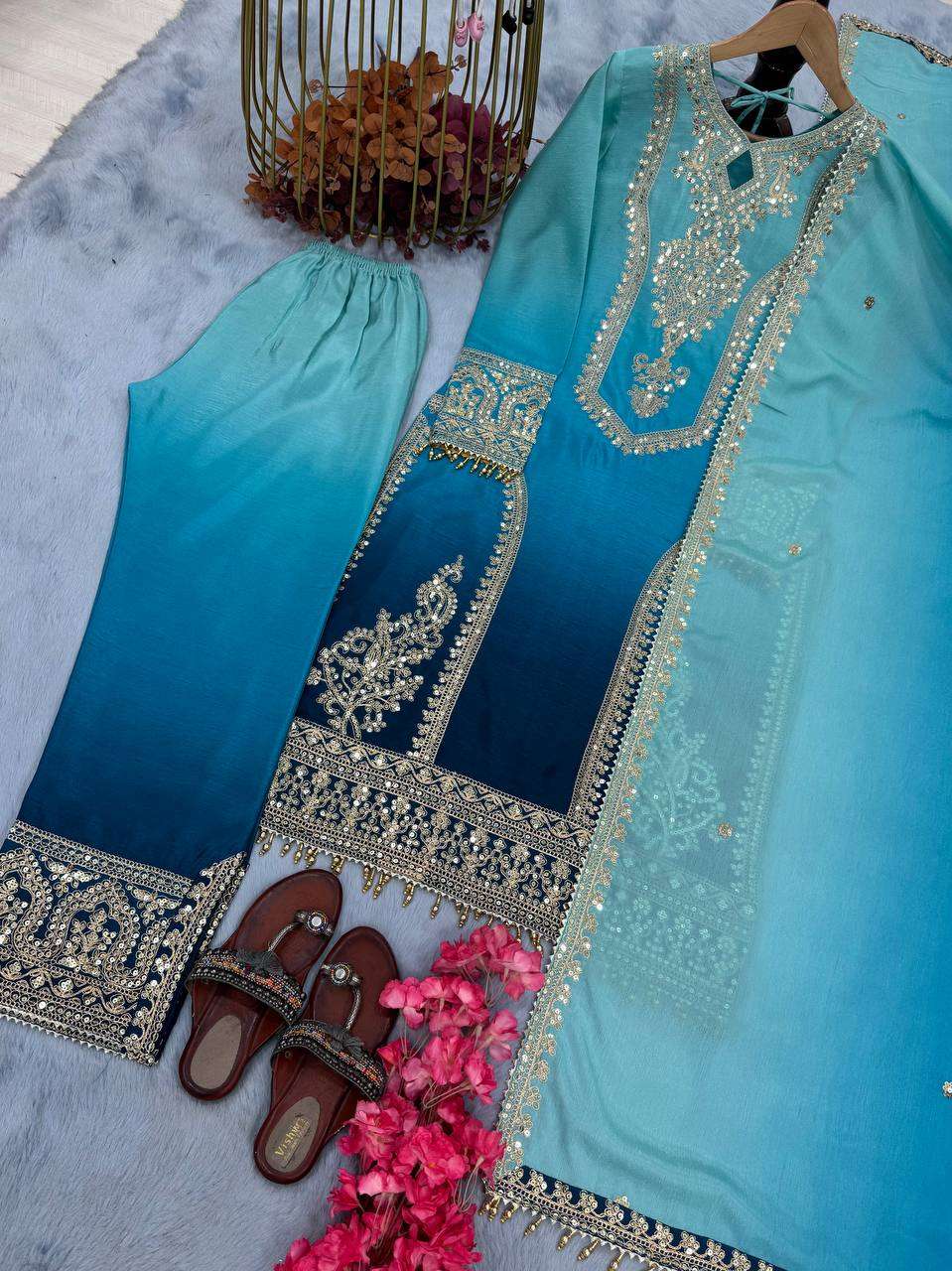 Women's Chinon Silk Embroidery Straight Pakistani Salwar Suit and Dupatta