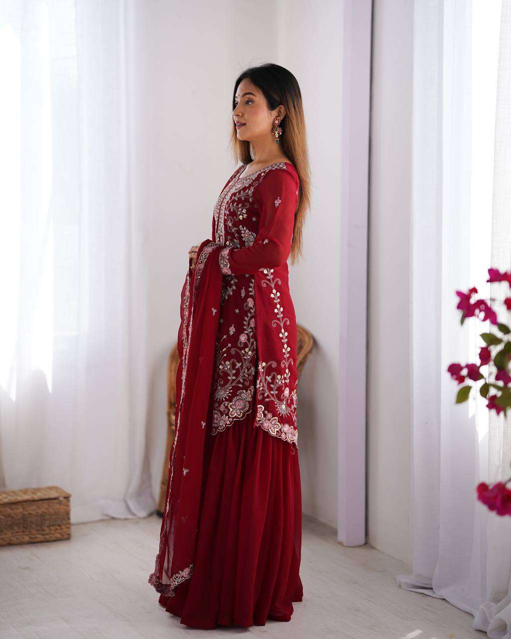 Women's Faux Georgette Sequins & Thread Work Straight Kurta With Sharara Suit and Dupatta Set