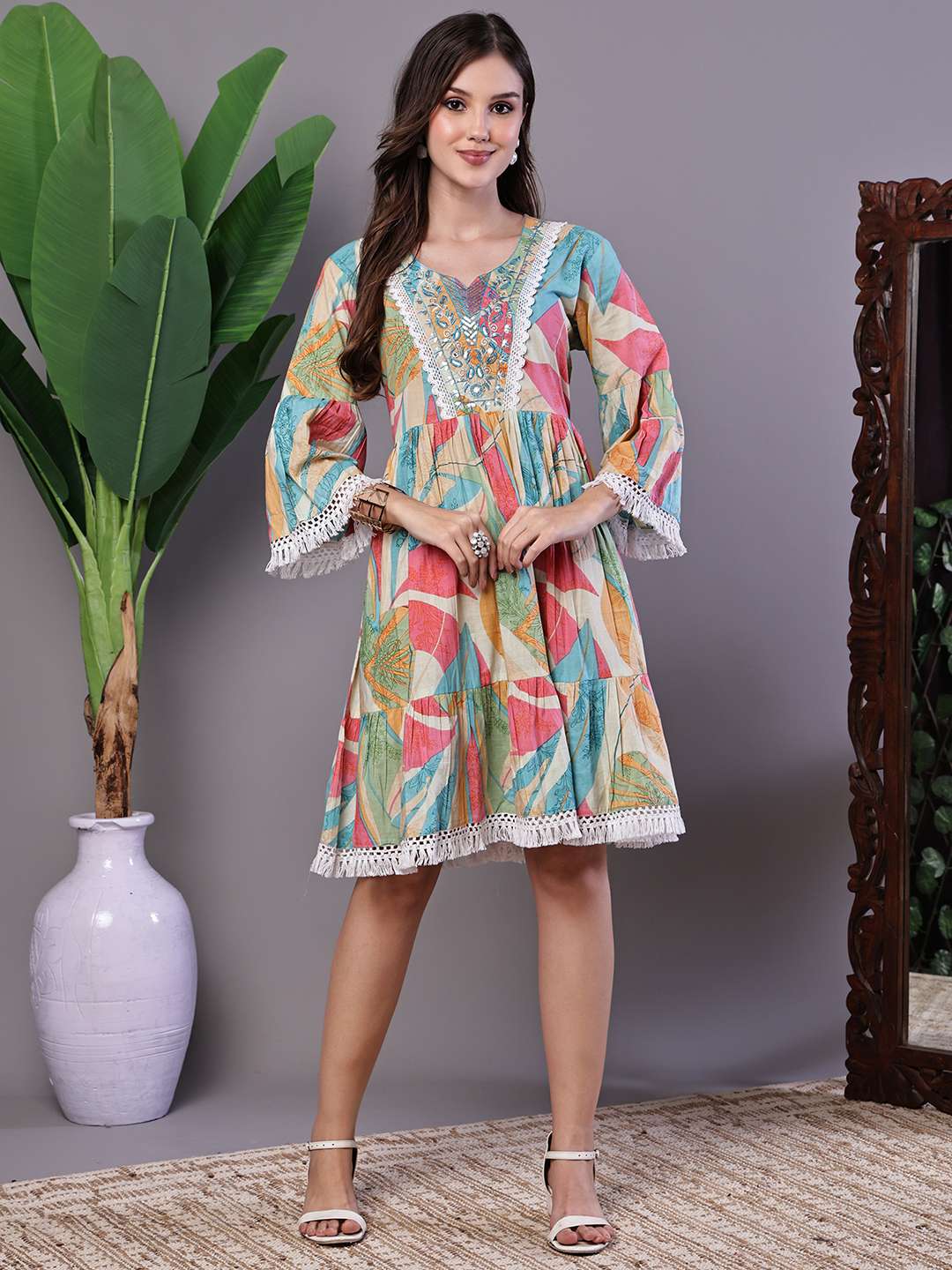 Wome's Multicolor Printed Cotton A-Line Dress with Embroidered Yoke Midi Dresses