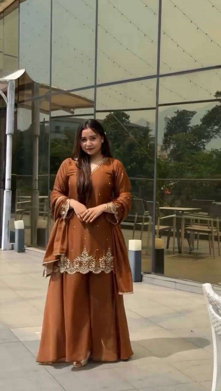 Women's Georgette Sequence Moti Work Straight Kurti With Salwar and Dupatta Set