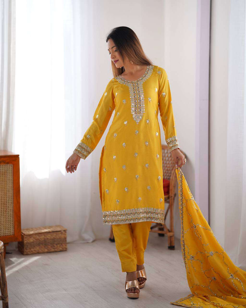 Women's Chinon Silk Embroidered Straight Kurti with Pant And Dupatta Set