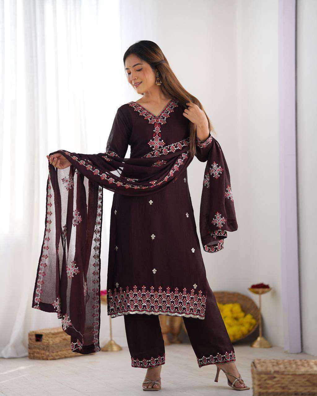 Women's Chinnon Silk Embroidery Sequence Work and Lace Work Straight Kurti With Pant and Dupatta