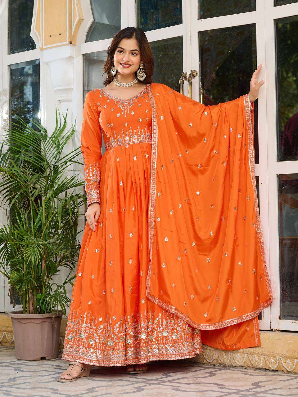 Women's American Silk Sequence Embroidery Long Anarkali Kurti (Gown) With Dupatta