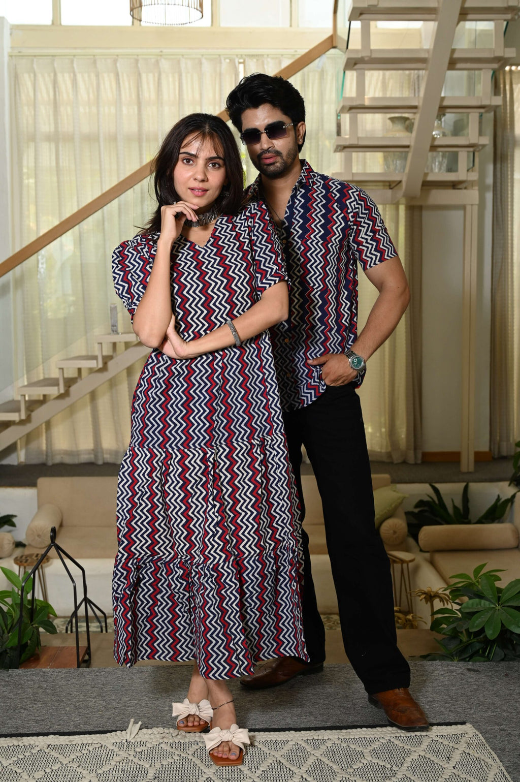 Couple Matching Navy Blue & Red Zigzag Cotton Anarkali Midi Dress and Shirt Set