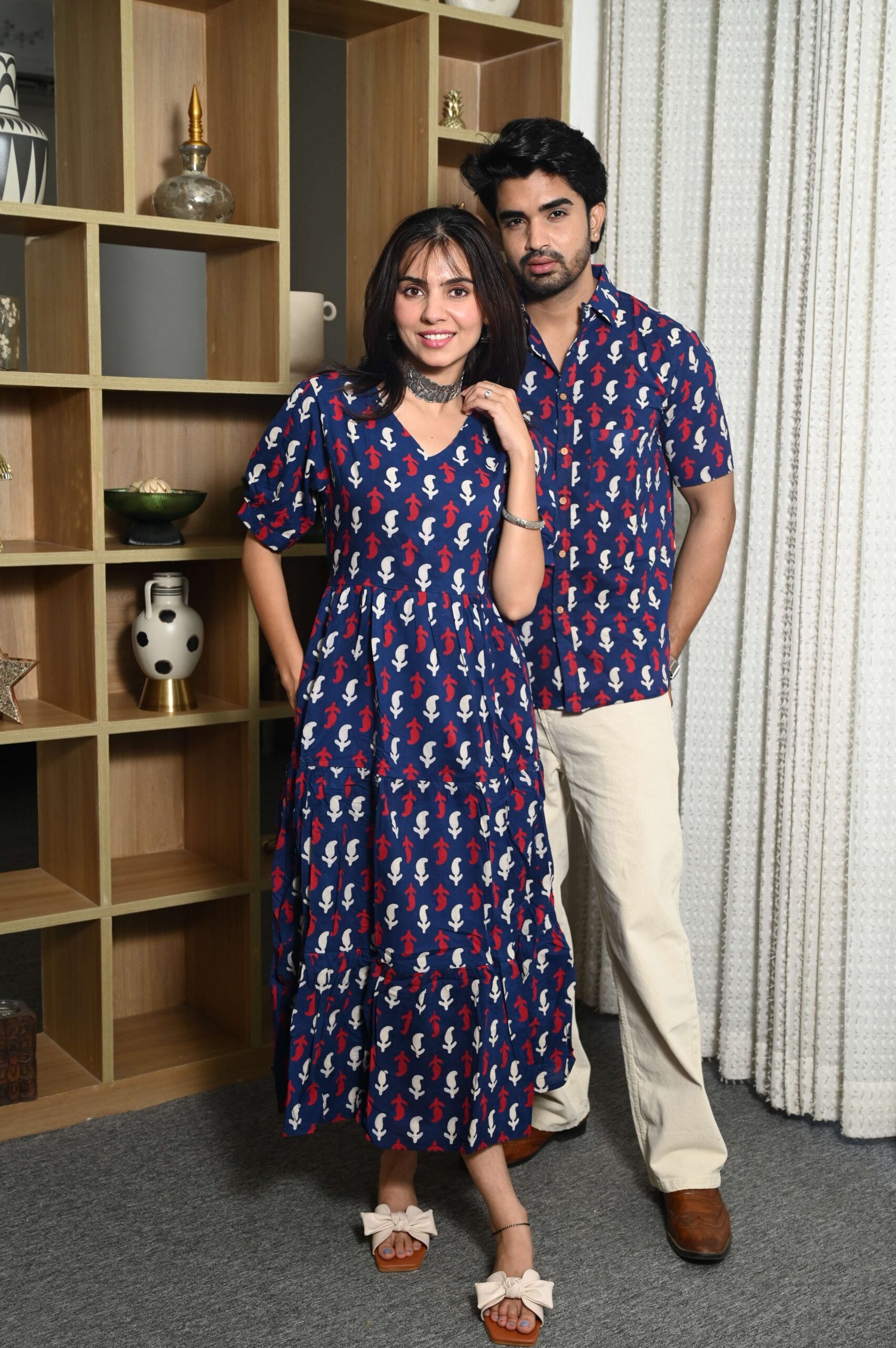 Couple Matching Navy Blue Cotton Anarkali Midi Dress and Shirt Set ? Red & White Abstract Print