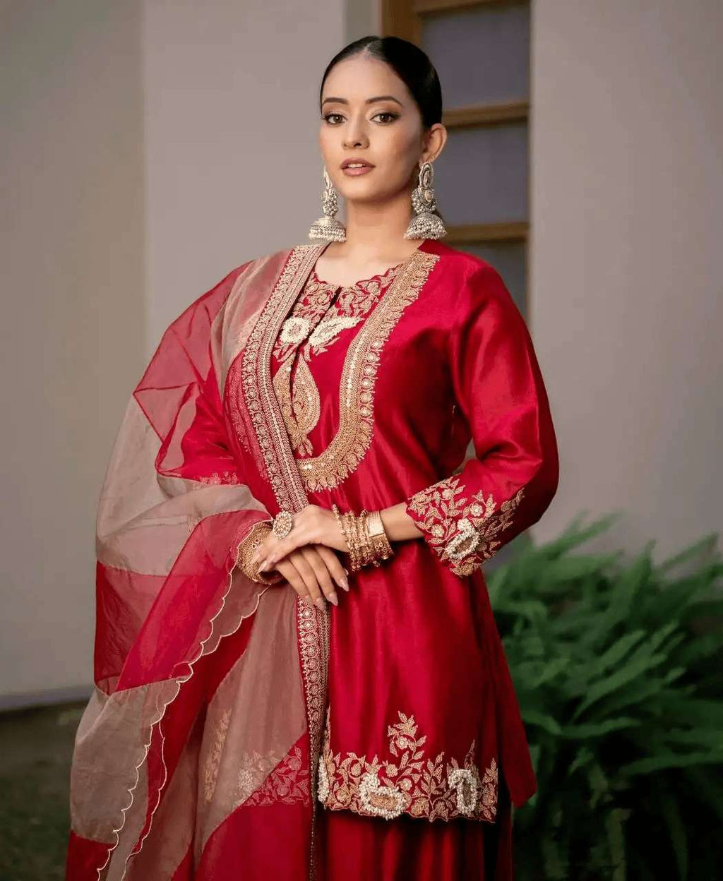 Women's Chinon Silk Sequence Embroidery Work Straight Kurti With Sharara Suit and Dupatta Set