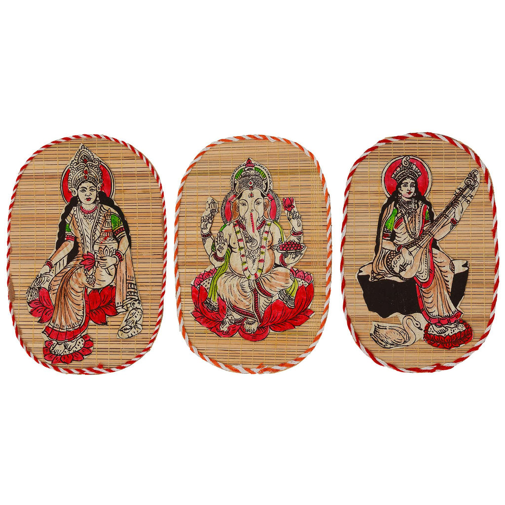 Bamboo Hand Crafted Wall Hangings Of The Trio Of  Ganesh Ji, Laxmi Ji And Sarwasti Ji Painting For Home Decor
