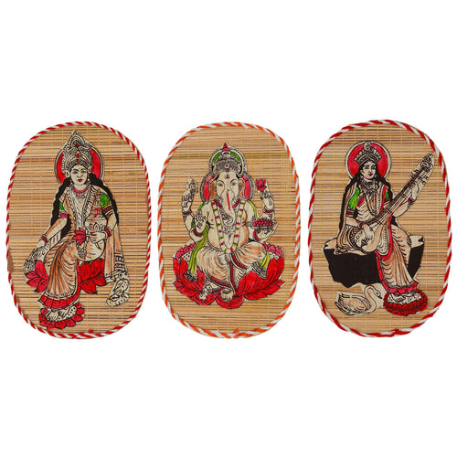 Bamboo Hand Crafted Wall Hangings Of The Trio Of  Ganesh Ji, Laxmi Ji And Sarwasti Ji Painting For Home Decor