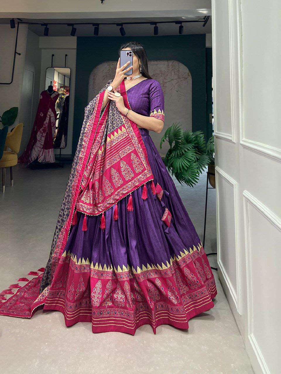 Women's Stitched Ethnic Lehenga Choli with Zari Border and Contrast Dupatta