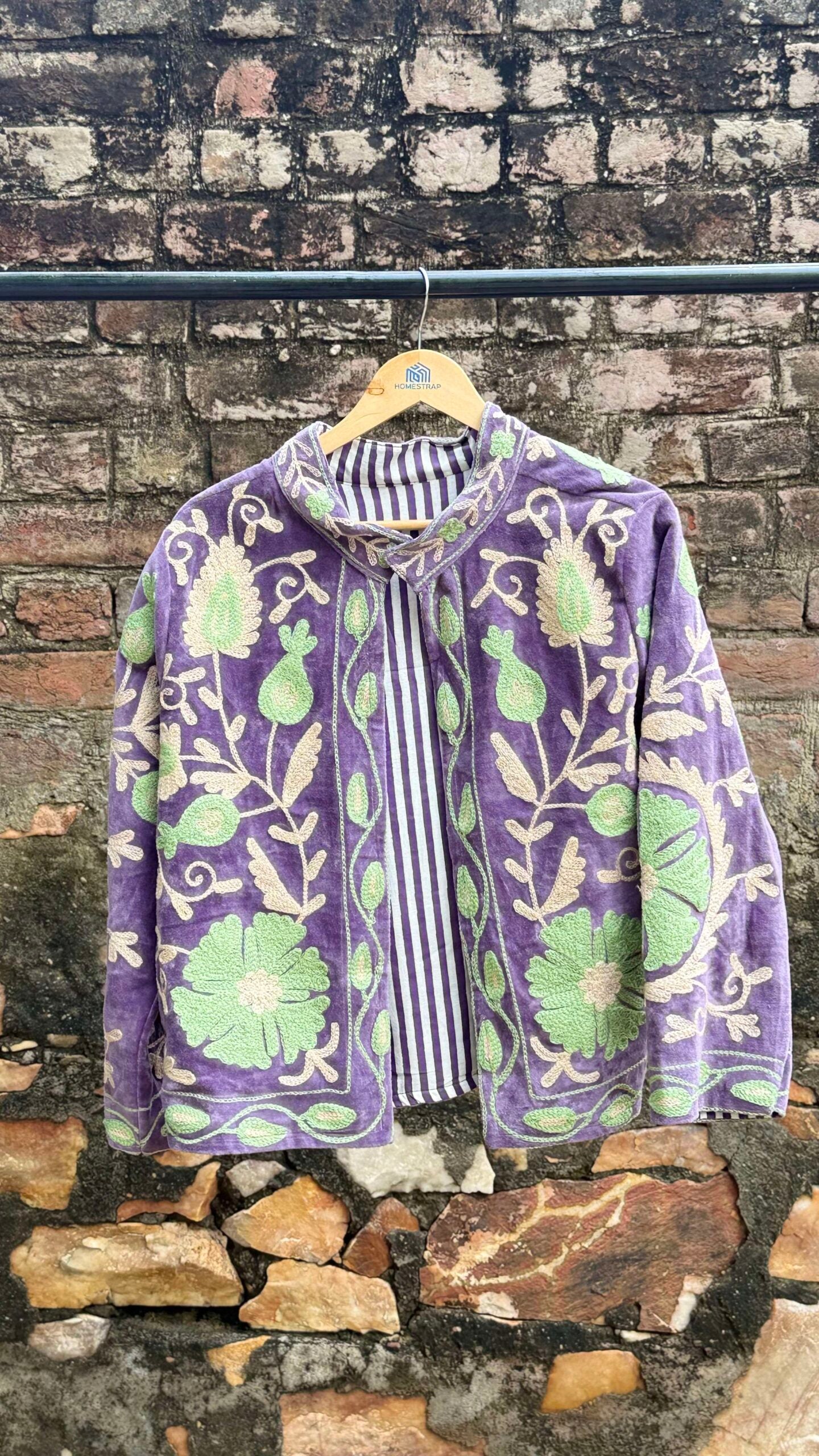 Womens Purple Velvet Embroidered Jacket with Floral Design