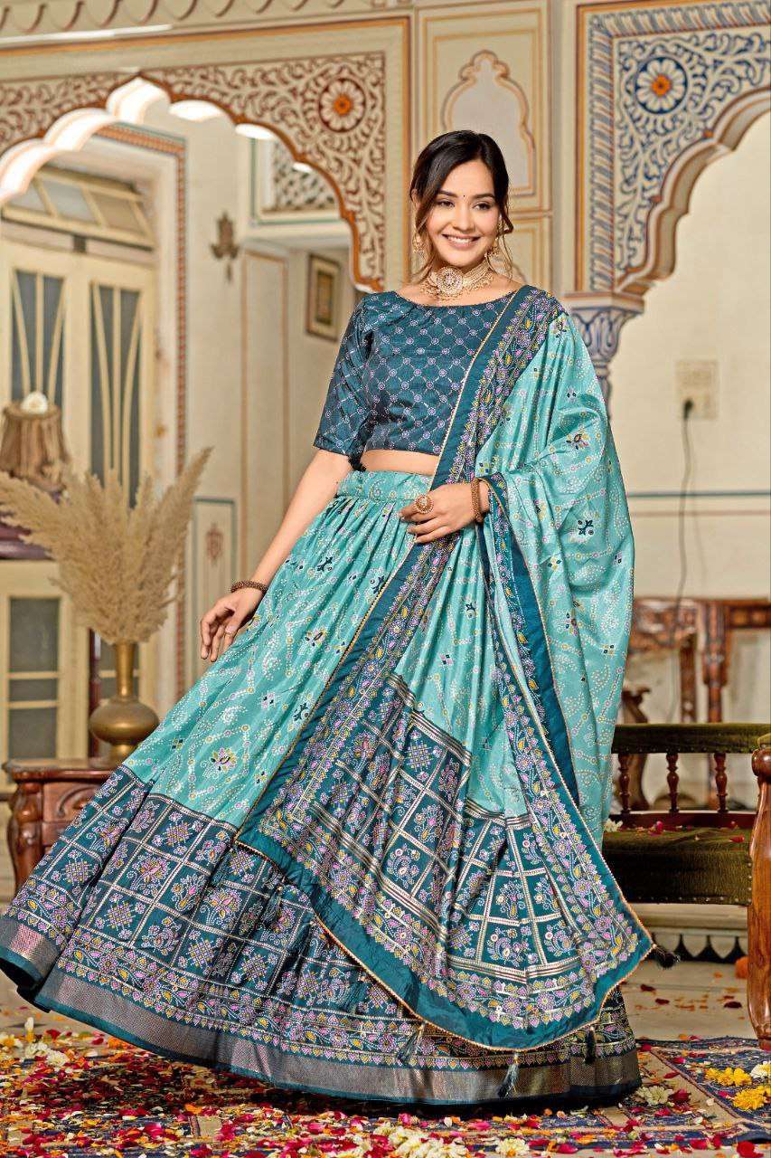 Women's Tussar Silk Patola Print Lehenga Choli Dupatta Set