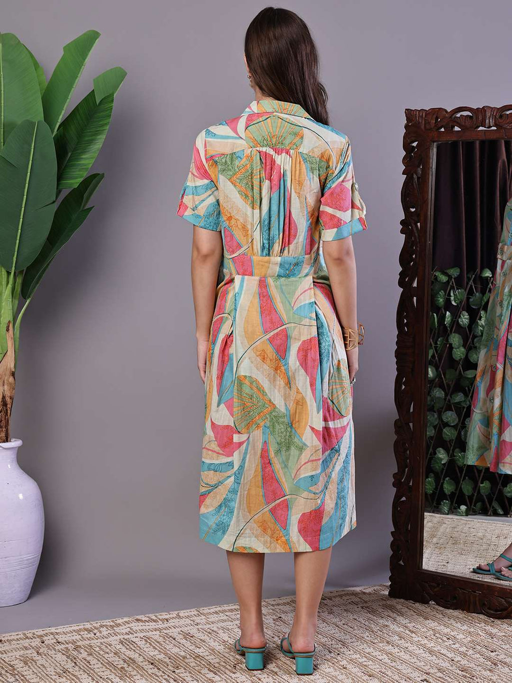 Women's Pastel Abstract Print Button-Down Cotton Midi Dress