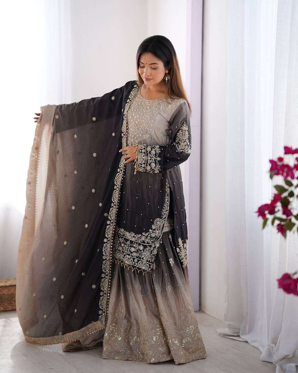 Women's Chinon Silk Sequence With Rivet Moti Work Straight Kurta With Sharara and Dupatta Set