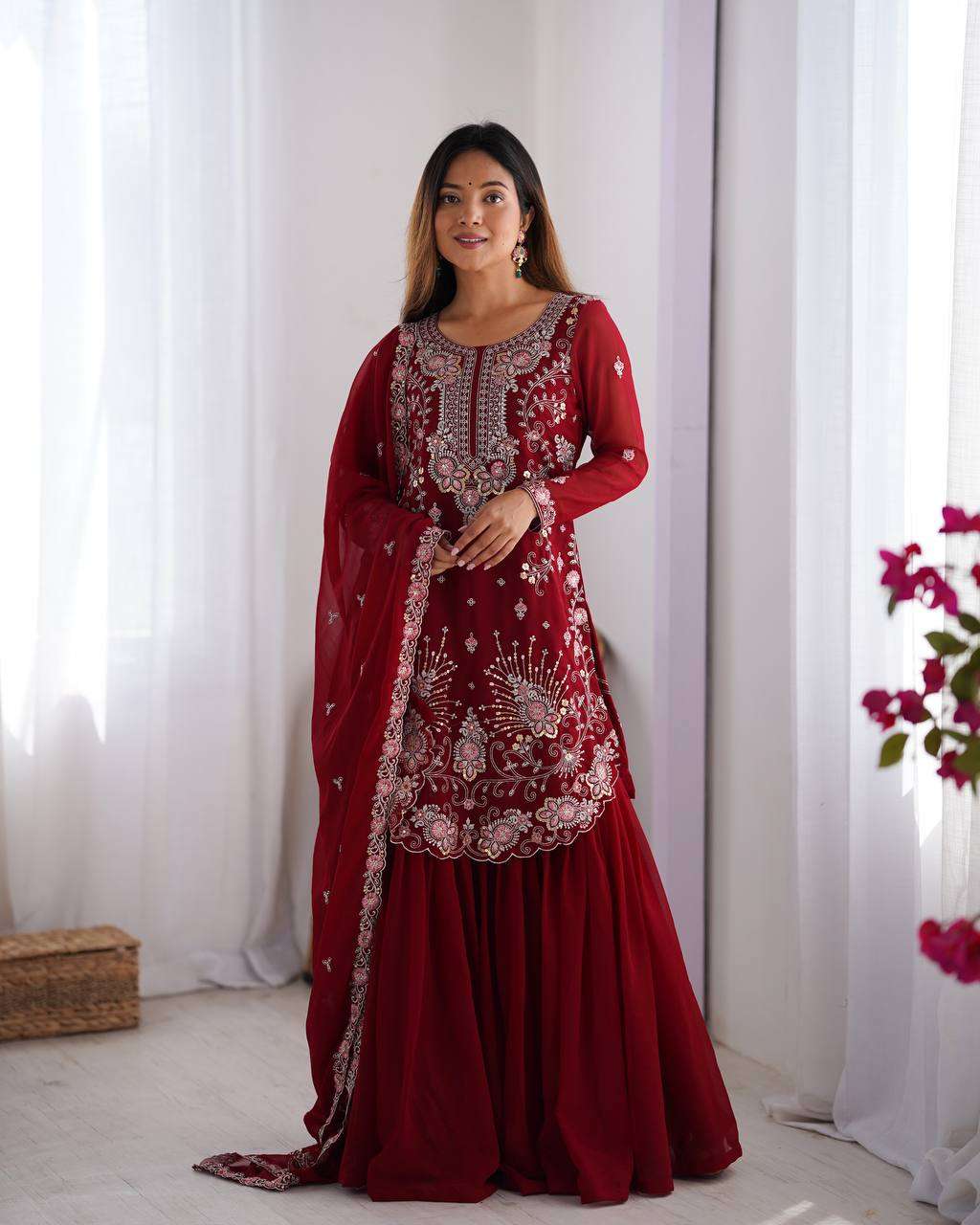 Women's Faux Georgette Sequins & Thread Work Straight Kurta With Sharara Suit and Dupatta Set