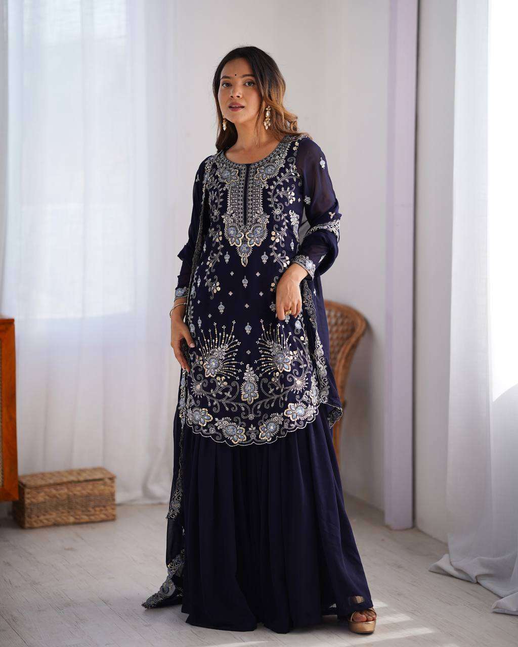 Women's Faux Georgette Sequins & Thread Work Straight Kurta With Sharara Suit and Dupatta Set