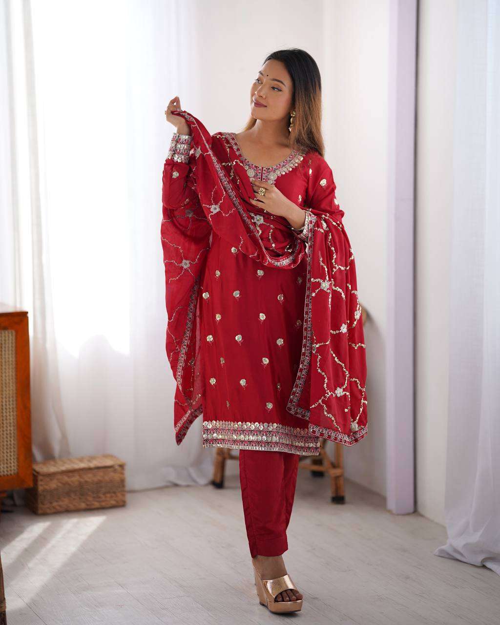 Women's Chinon Silk Embroidered Straight Kurti with Pant And Dupatta Set