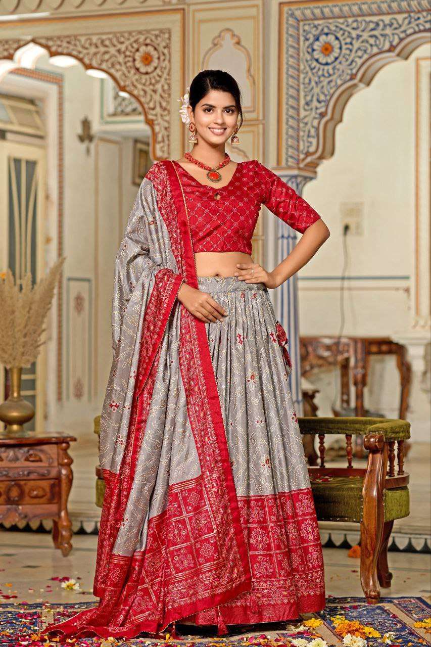 Women's Tussar Silk Patola Print Lehenga Choli Dupatta Set