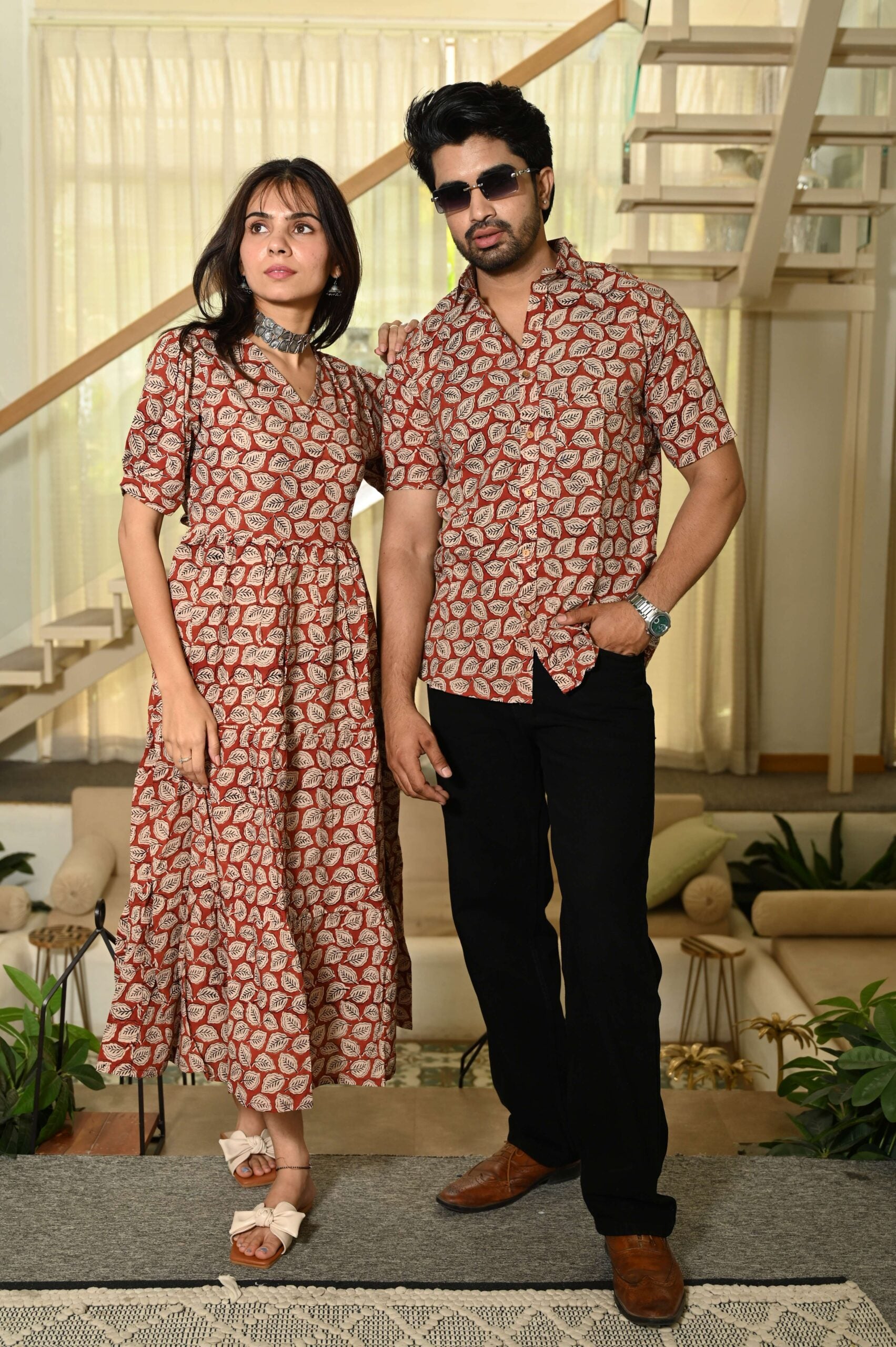 Couple Matching Red-Beige Cotton Anarkali Midi Dress and Shirt Set ? Leaf Block Print