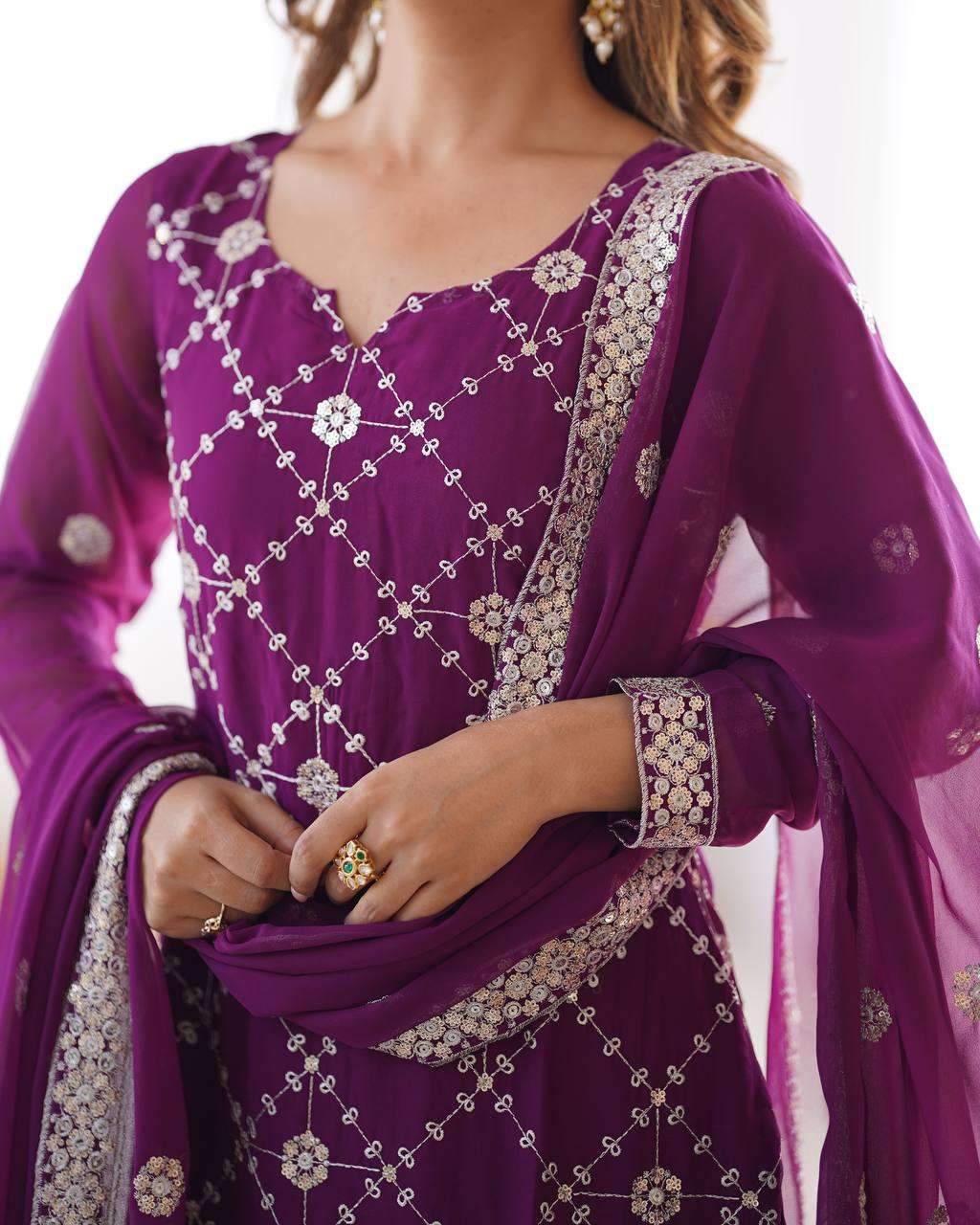 Women's Georgette Embroidery Work Straight Kurta With Sharara Suit and Dupatta Set