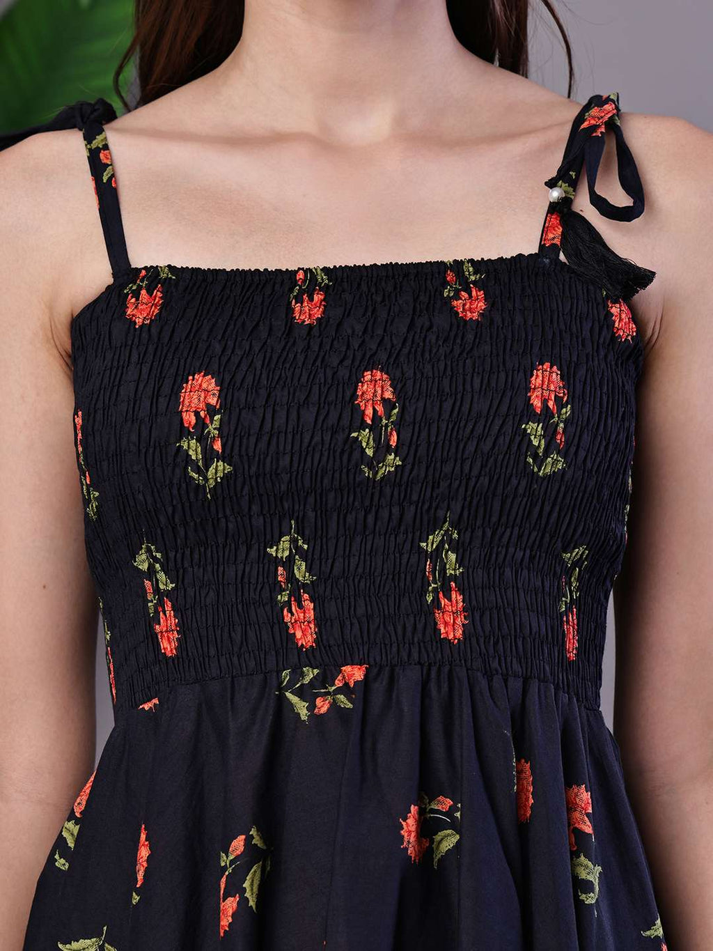 Women's Black Floral Printed Cotton Handkerchief Hem Dress Midi Dresses