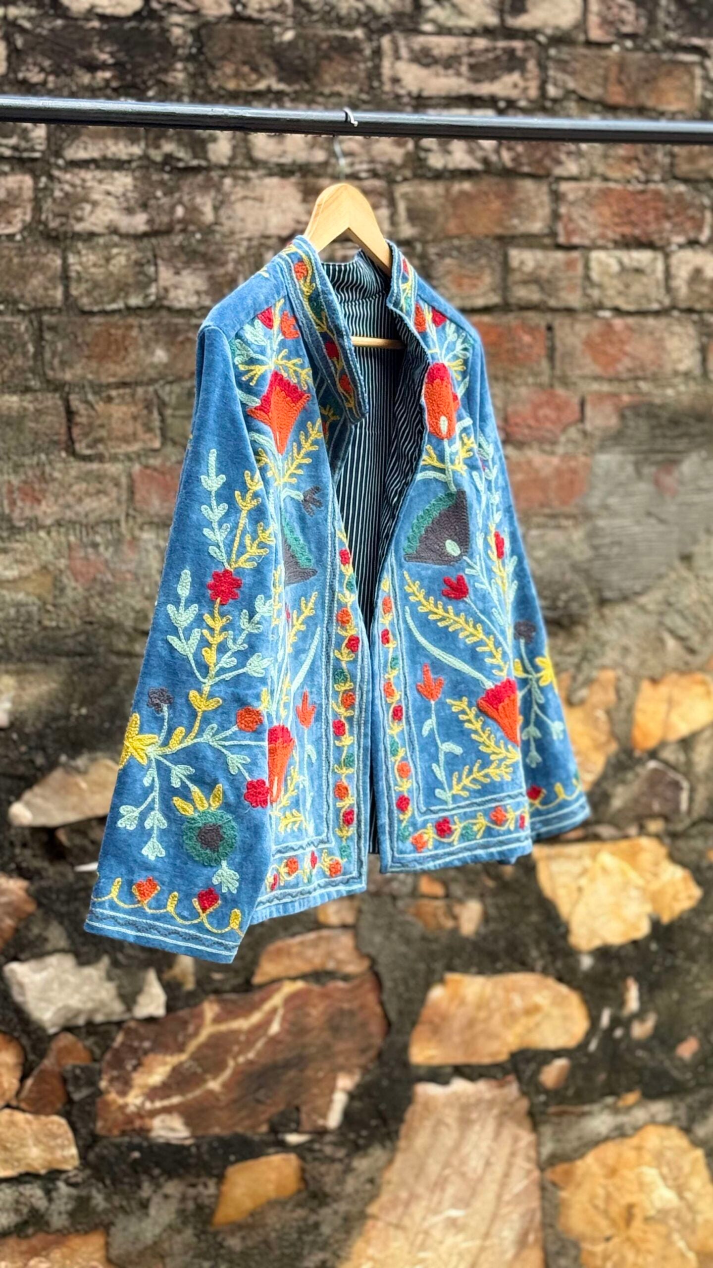 Womens Light Sky Blue Velvet Embroidered Jacket with Floral Design