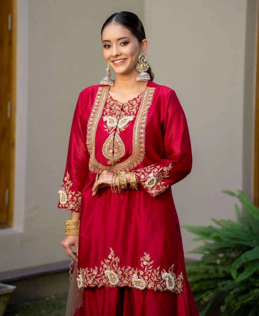 Women's Chinon Silk Sequence Embroidery Work Straight Kurti With Sharara Suit and Dupatta Set
