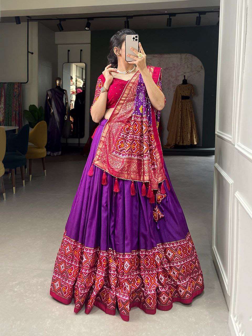 Women's Tussar Silk Patola Print Lehenga Choli Dupatta Set