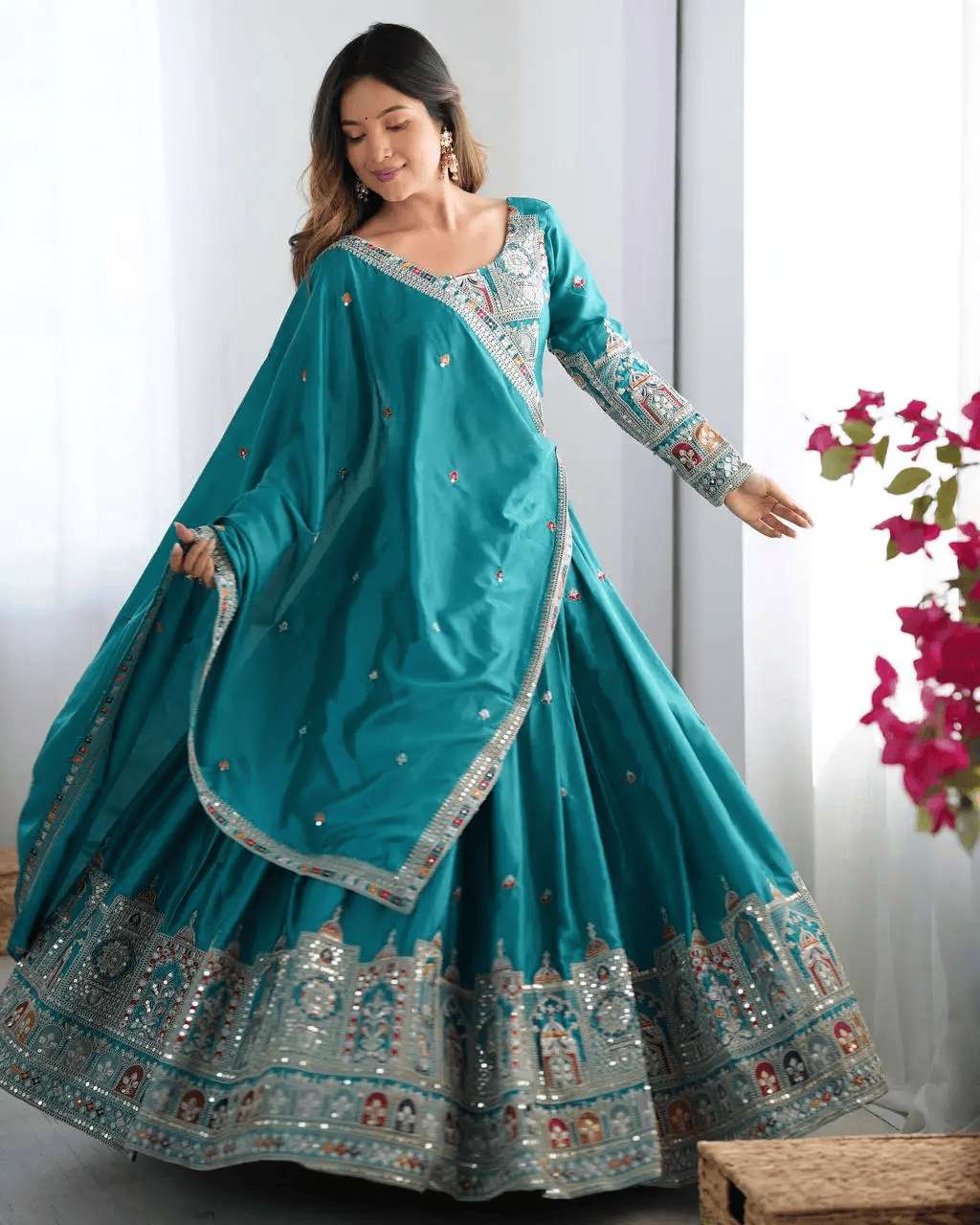 Women's Crepe Silk Sequence Embroidery and Zari Work Rajsthani Lehenga Choli with Dupatta