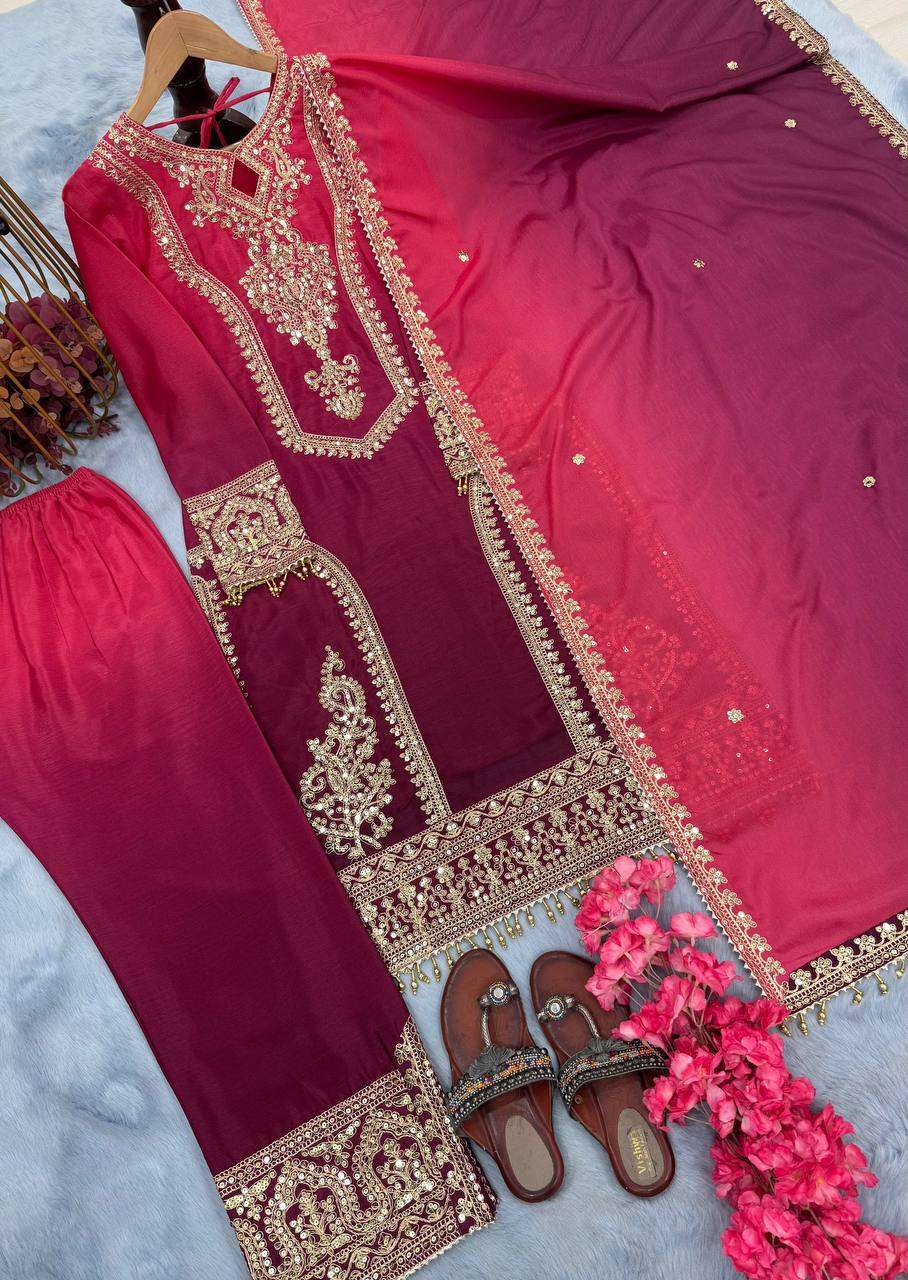 Women's Chinon Silk Embroidery Straight Pakistani Salwar Suit and Dupatta
