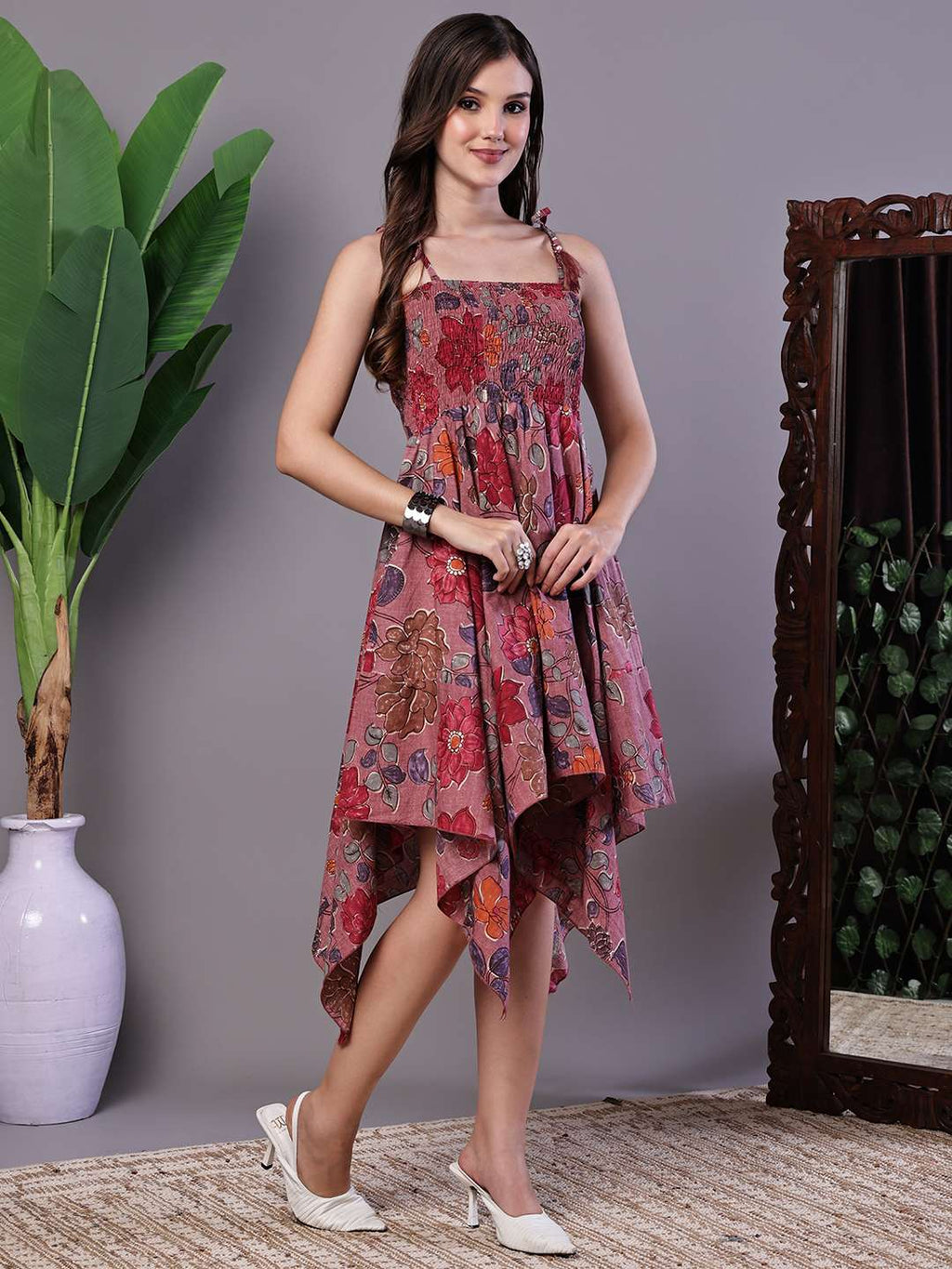 Women's Maroon Floral Printed Cotton Handkerchief Hem Midi Dress