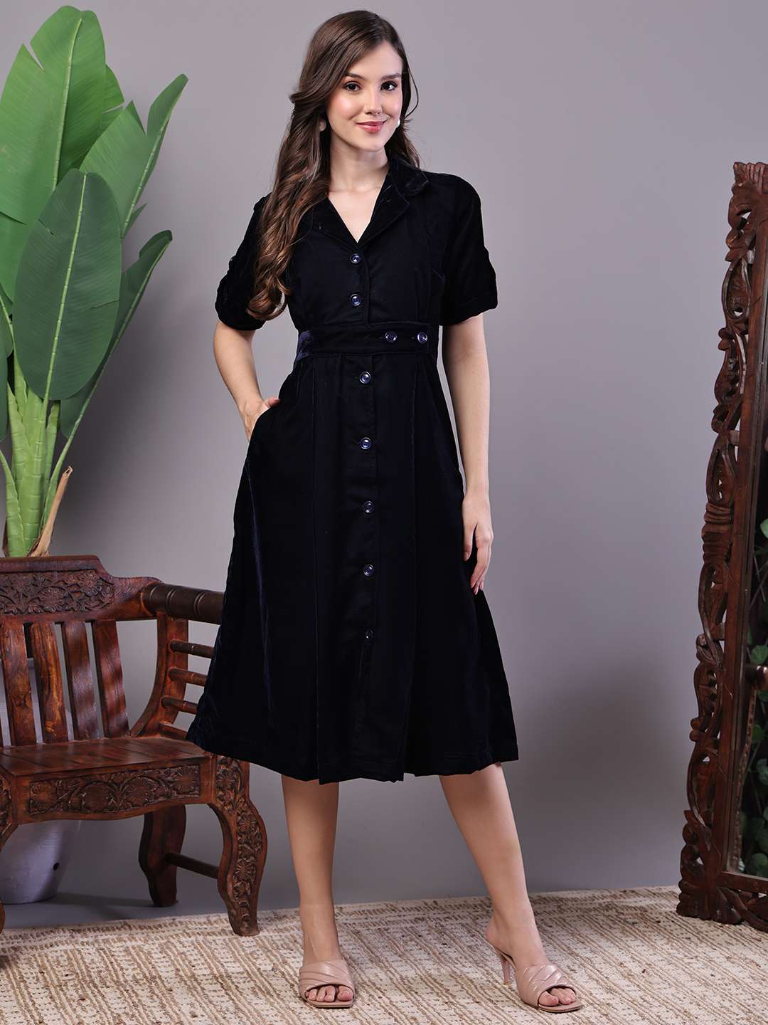 Women's Black Velvet Solid Printed Shirt Midi Dress with Belt