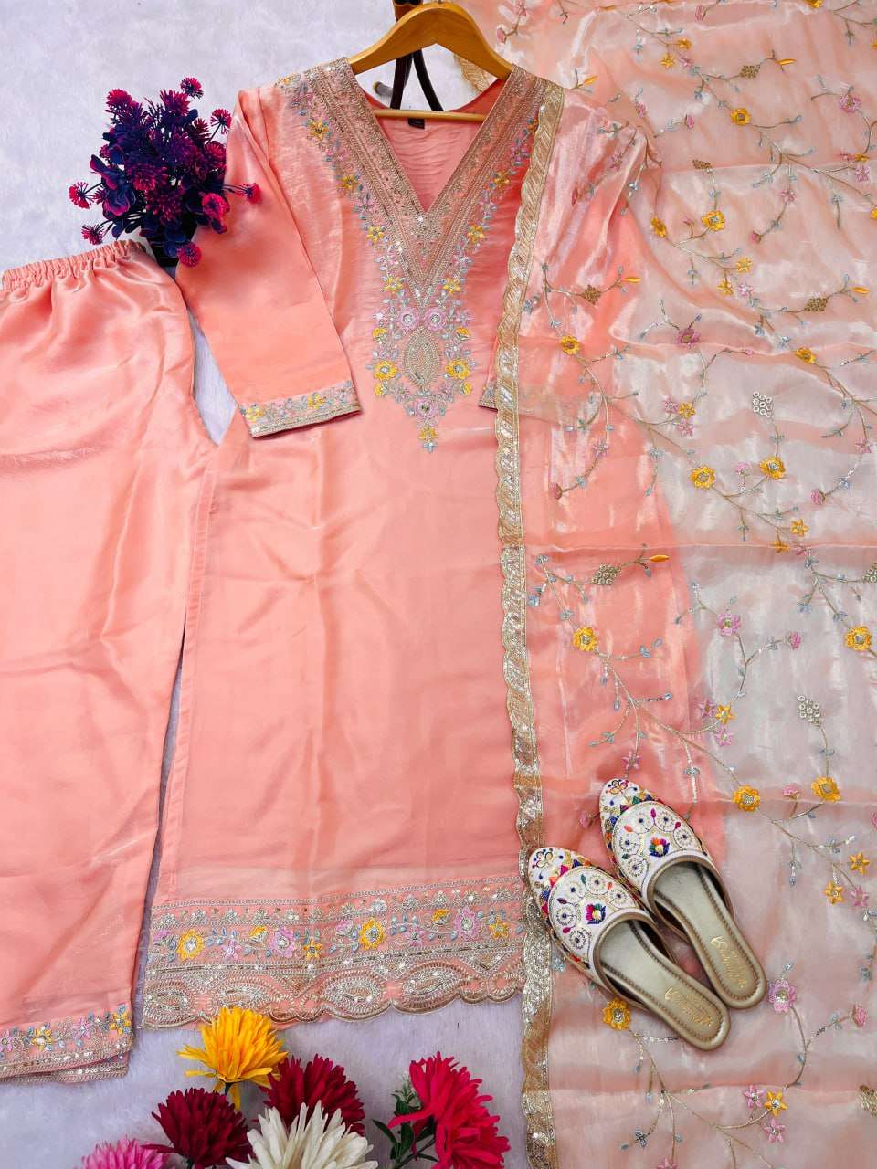 Women's Silk Heavy Embroidery Sequence Work Top-Bottom Straight Kurti With Pant and Dupatta set