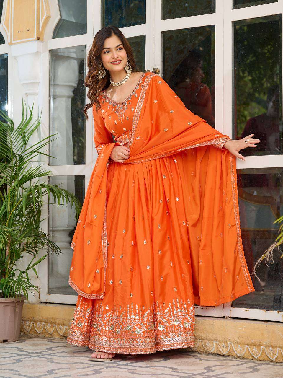 Women's American Silk Sequence Embroidery Long Anarkali Kurti (Gown) With Dupatta
