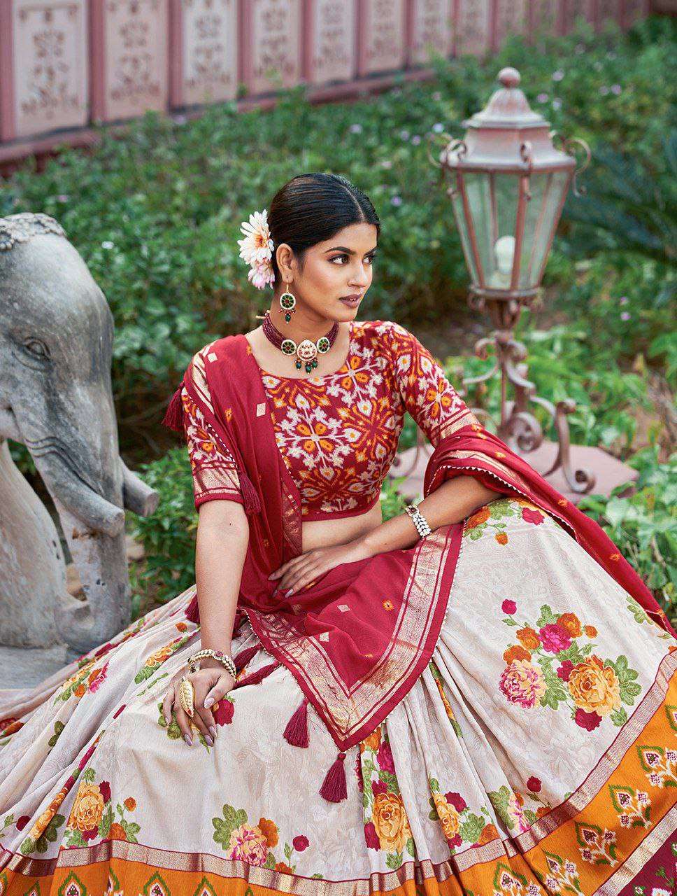 Women's Patola Print Tussar Silk Lehenga Choli Dupatta Set