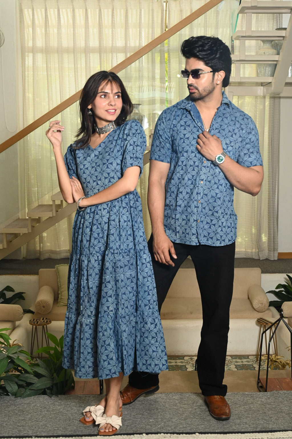 Couple Matching Blue Cotton Anarkali Midi Dress and Shirt Set ? Geometric Block Print