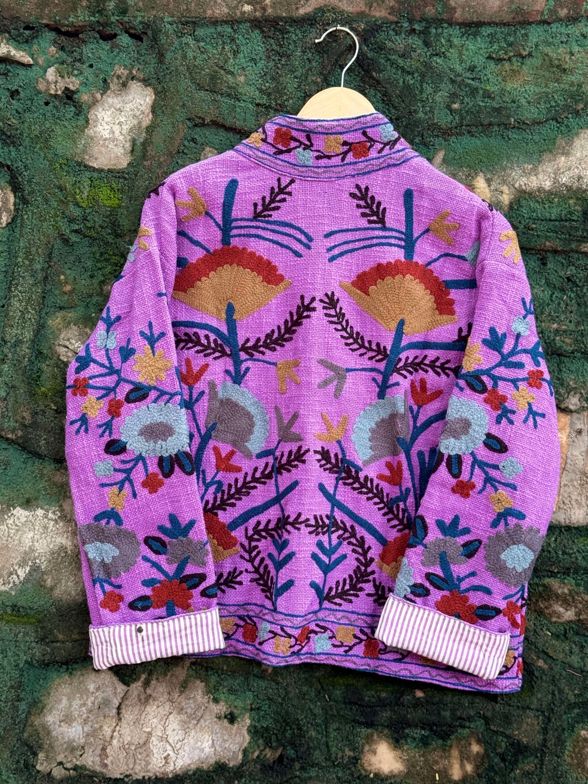 Womens Purple Velvet Embroidered Jacket with Floral Design
