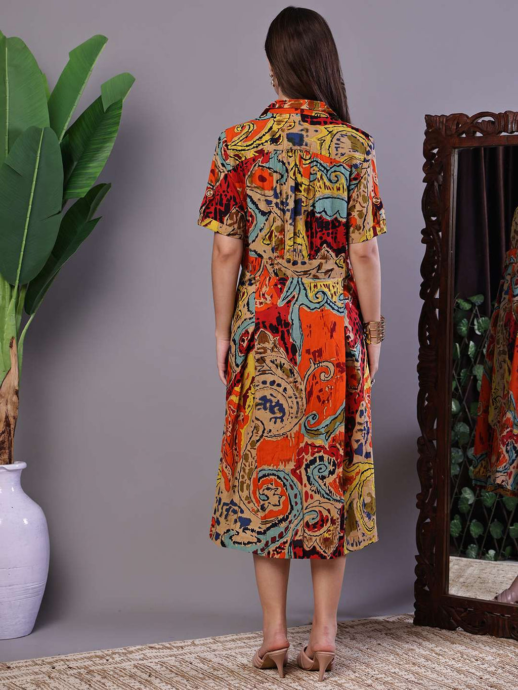 Women's Bohemian Chic Multi-Color Paisley Print Cotton Collared Midi Dress